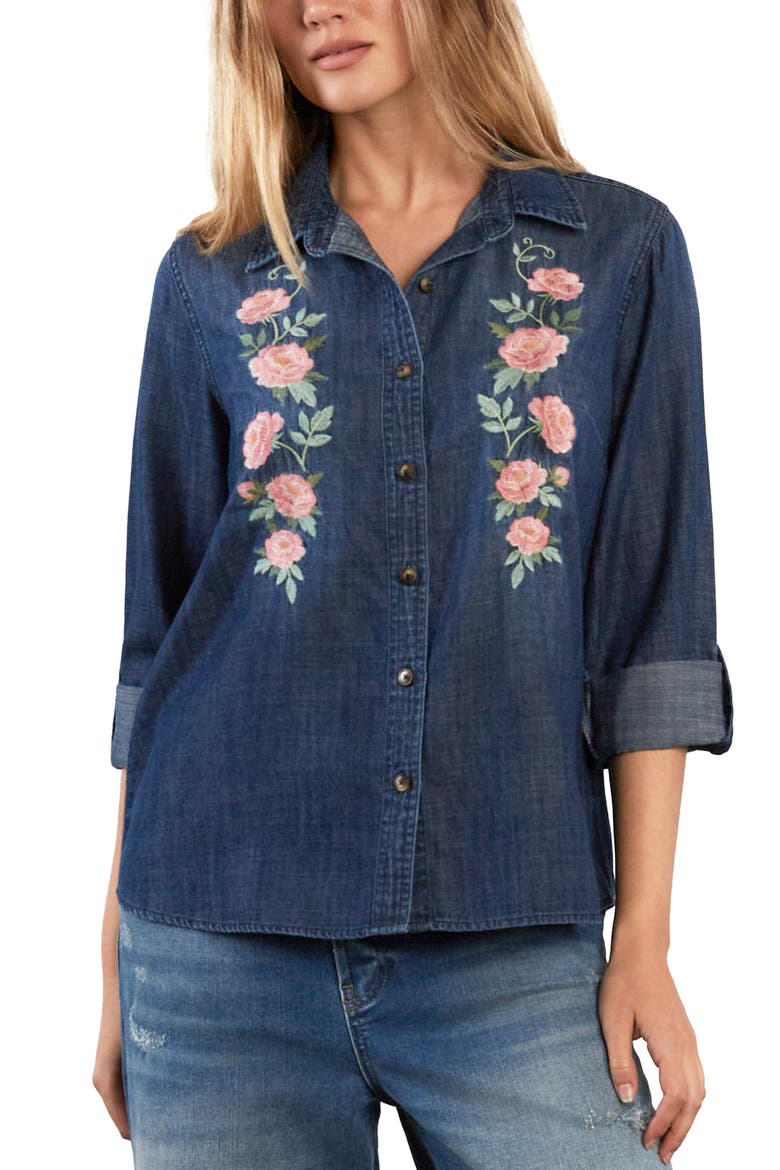 Rose Embroidered Denim Shirt, Alternate, color, DUSK BLUE