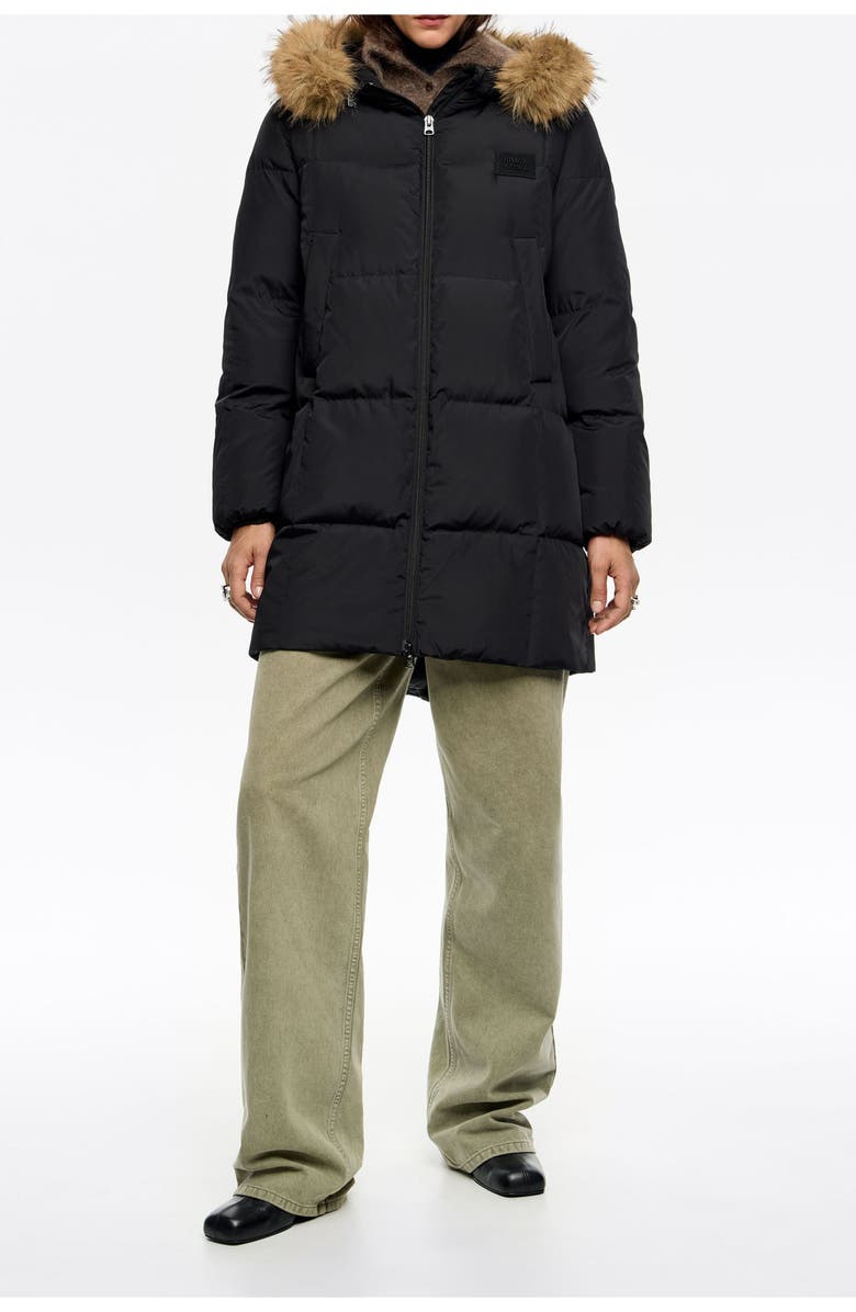 Bimba y Lola Tailored Down Coat With Fur Hood, Main, color, Black