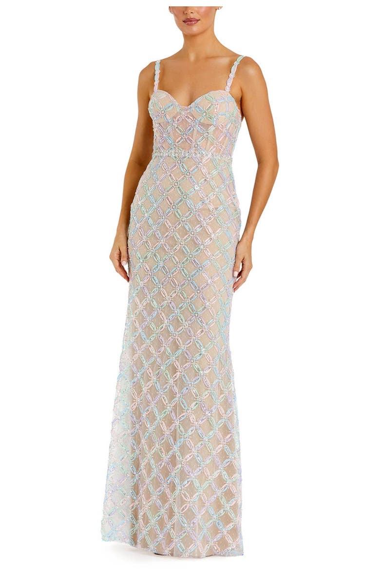 Mac Duggal Pearl Embellished Sleeveless Bustier Gown, Main, color, Pastel Multi