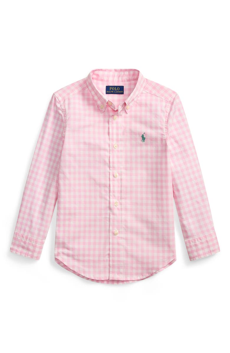 Polo Ralph Lauren Kids' Gingham Check Cotton Poplin Button-Down Shirt, Main, color, Carmel Pink White