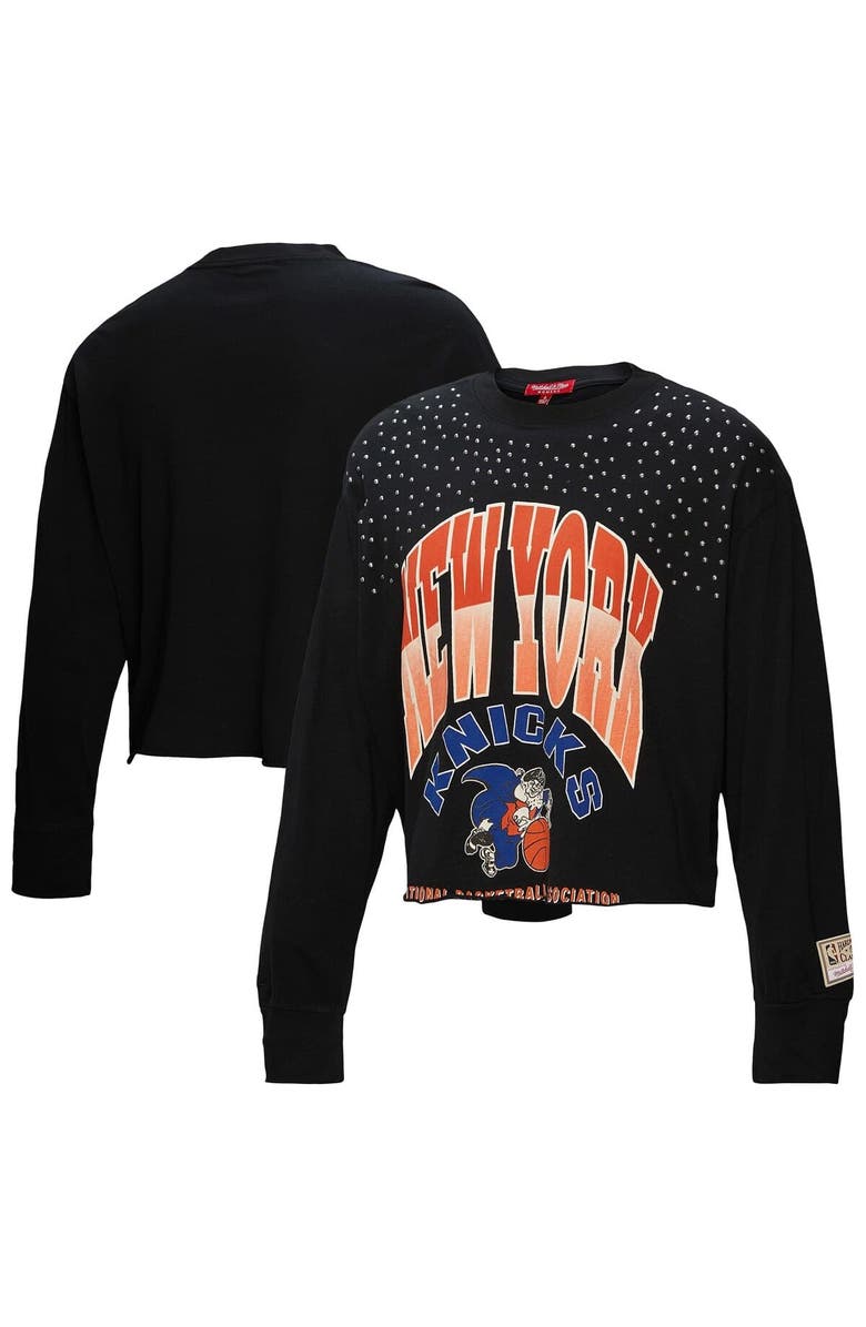 Mitchell & Ness Women's Mitchell & Ness  Black New York Knicks Hardwood Classics Studded Boxy Cropped Long Sleeve T-Shirt, Main, color, Black