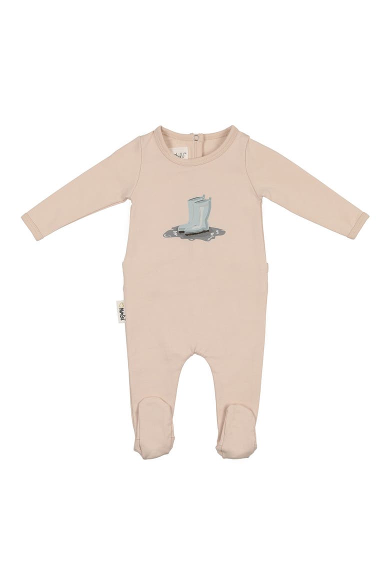 Rainboot Print Cotton Blend Footie, Main, color, BISCUIT