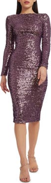 Dress the Population Emery Long Sleeve Sequin Cocktail Midi Dress