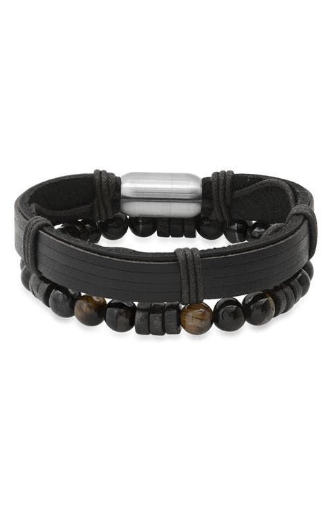 Black Leather Beaded Bracelet