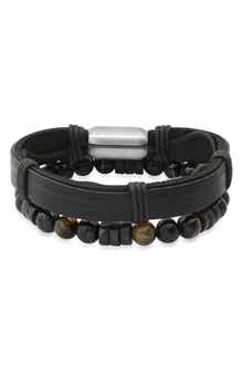 HMY JEWELRY Black Leather Beaded Bracelet