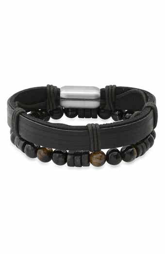 HMY JEWELRY Black Leather Beaded Bracelet