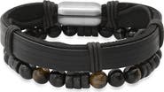HMY JEWELRY Black Leather Beaded Bracelet