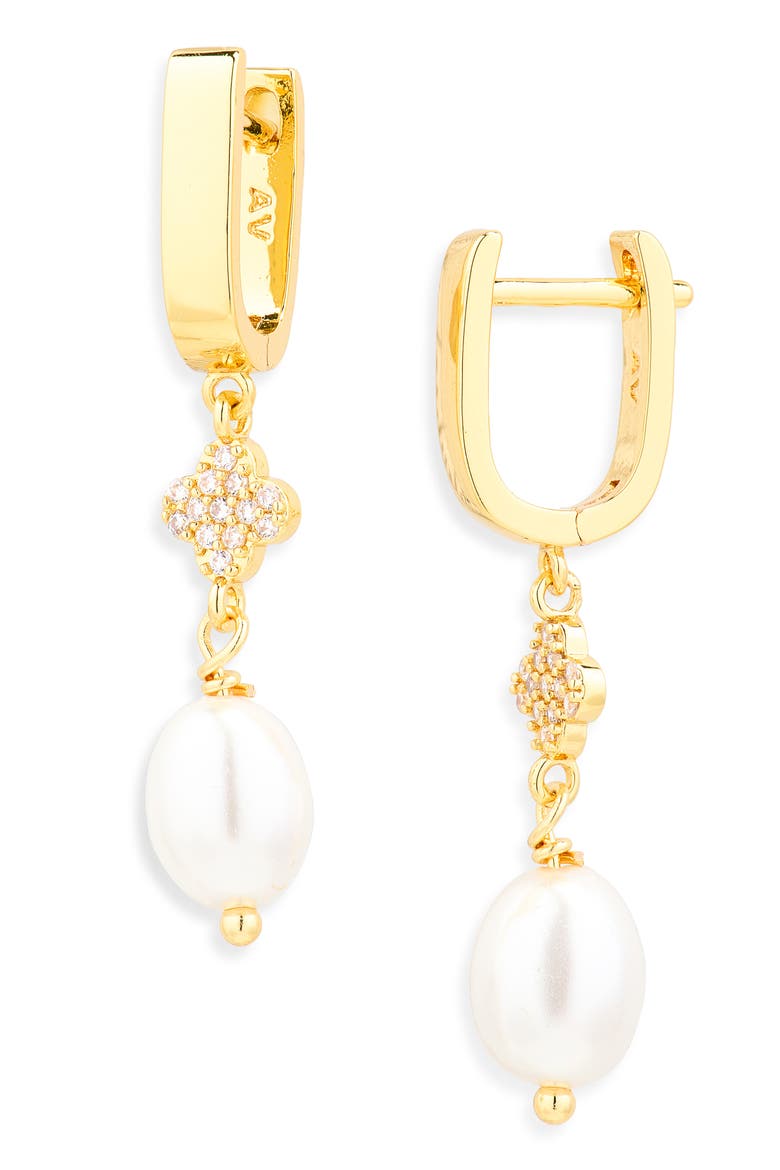 Maria Imitation Pearl Clover Drop Huggie Hoop Earrings, Main, color, GOLD