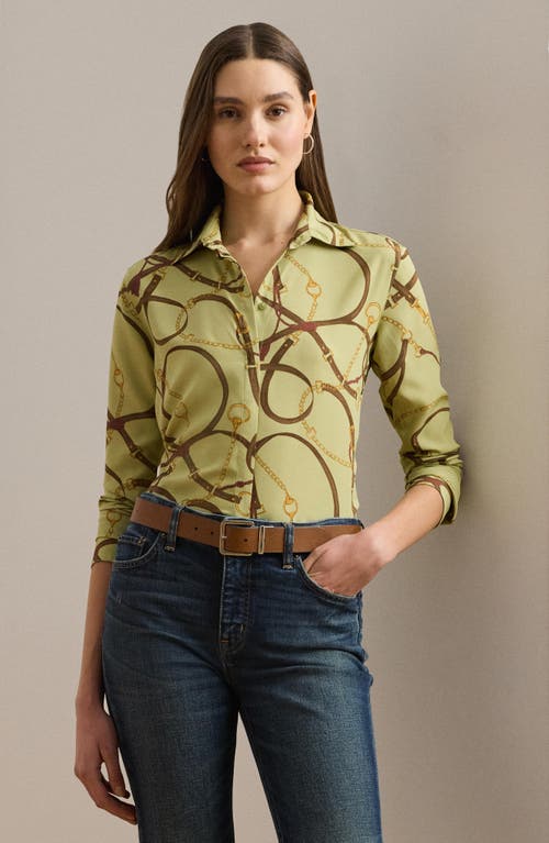 Shop Ralph Lauren Lauren  Classic Print Belting Print Crepe Button-up Shirt In Green Multi