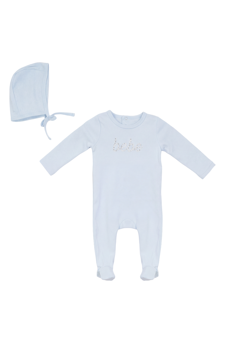 Bebe Bella Embroidered Footed Romper Layette Set with Bonnet, Main, color, Chalk Blue