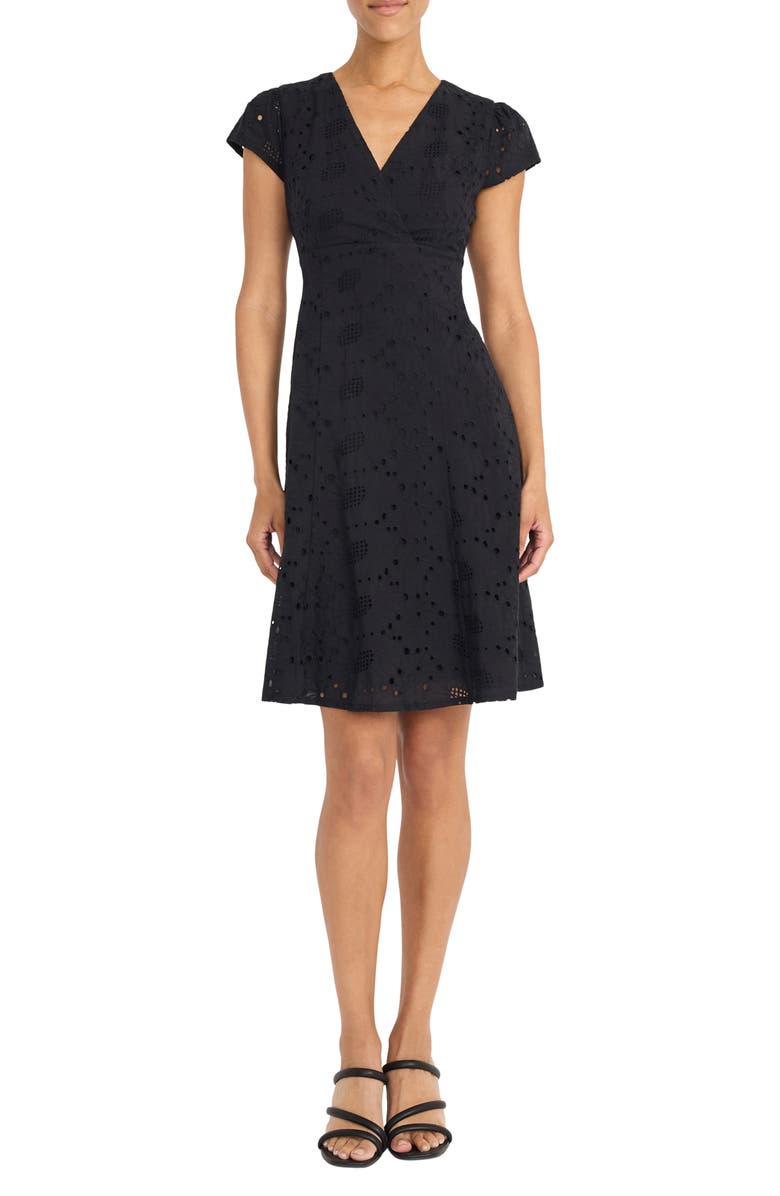 Maggy London Eyelet Cap Sleeve Dress, Main, color, Black