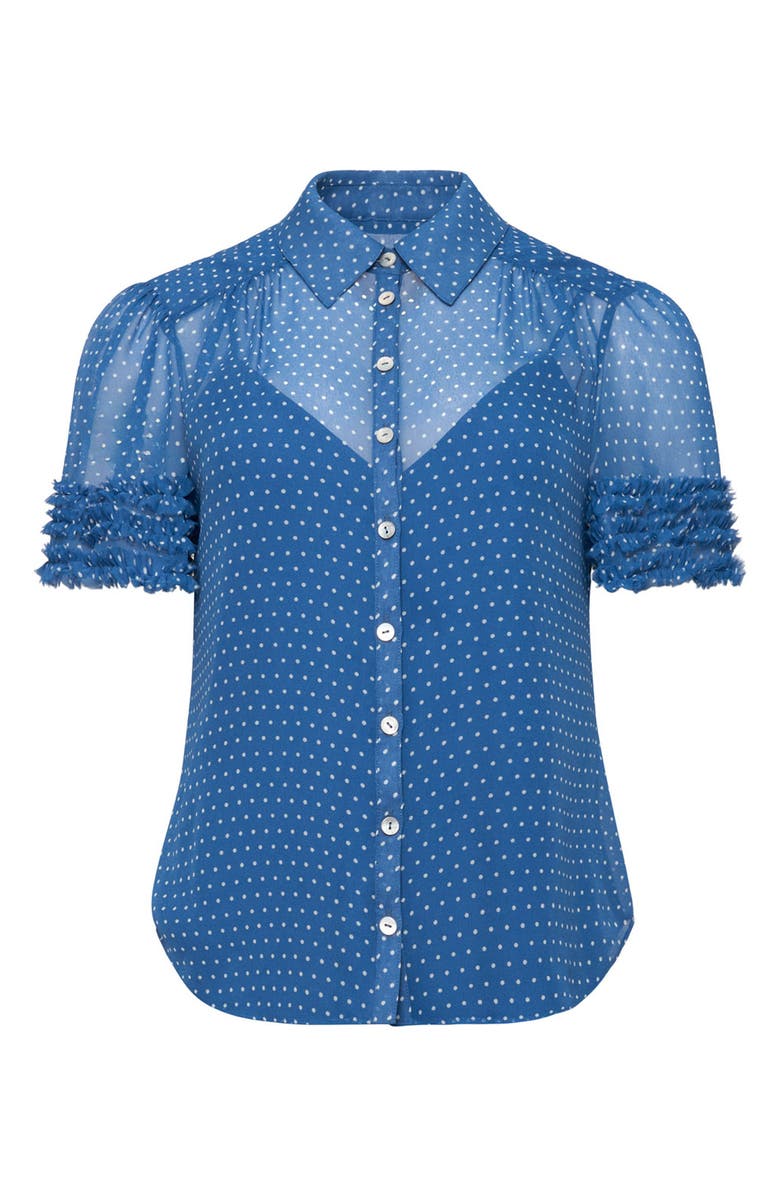 Cinq à Sept Galea Polka Dot Sheer Button-Up Top, Alternate, color, Twilight Bay/ Ivory