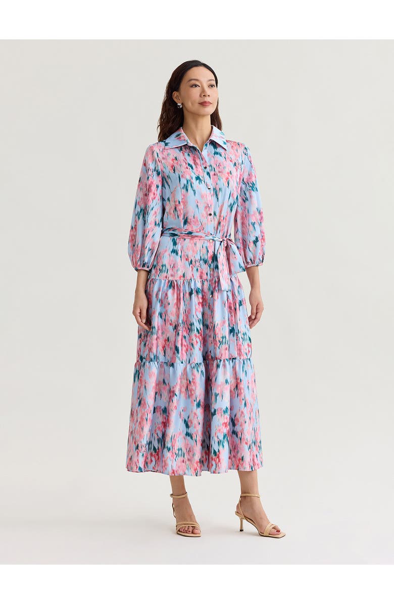 Misook Printed Floral Crepe de Chine Tiered Maxi Dress, Alternate, color, Pink/Blue/Biscotti/Black