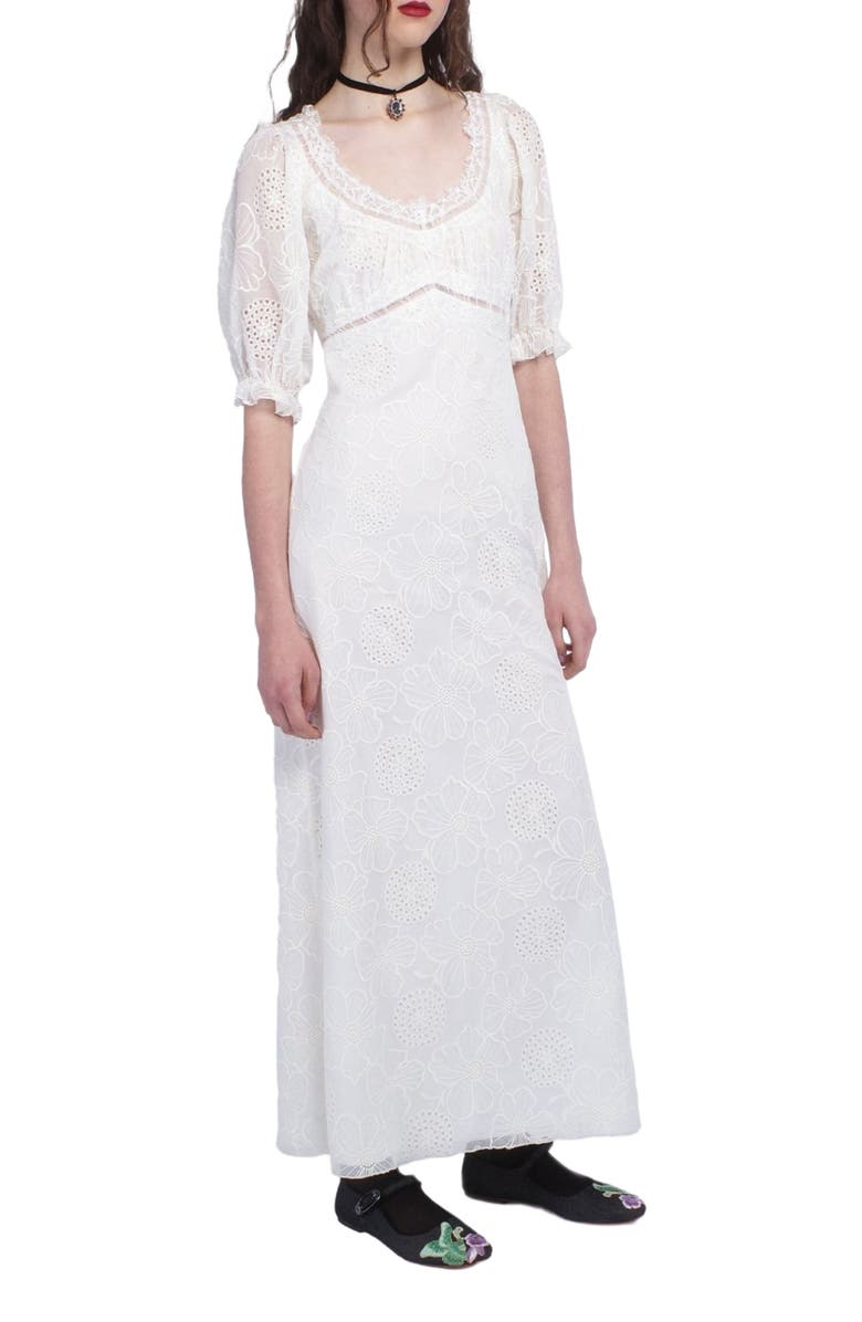 Anna Sui Poppy Embroidered Chiffon Dress, Alternate, color, Vanilla