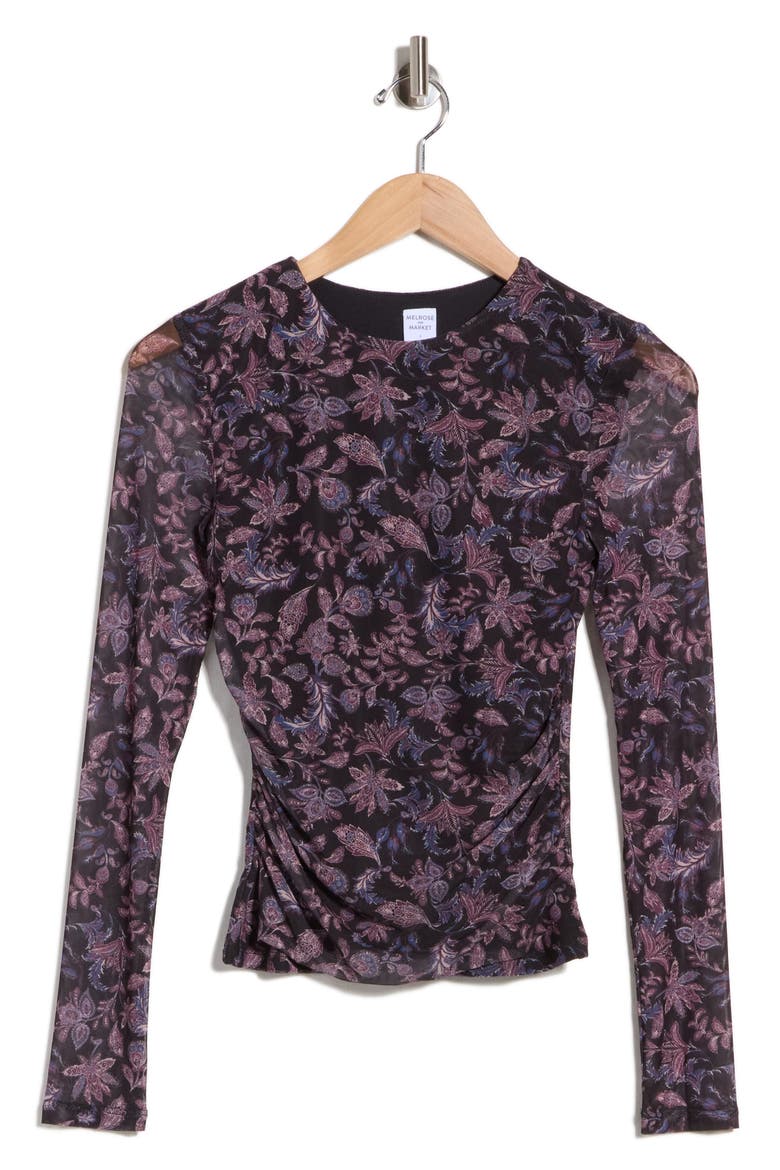 Long Sleeve Mesh Top, Alternate, color, BLACK- PINK THERESA ORNATE
