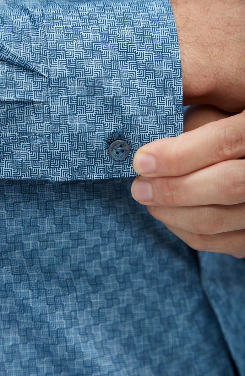 Bugatchi Axel Shaped Fit Geo Print Stretch Cotton Button-Up Shirt, Alternate, color, Dusty Blue