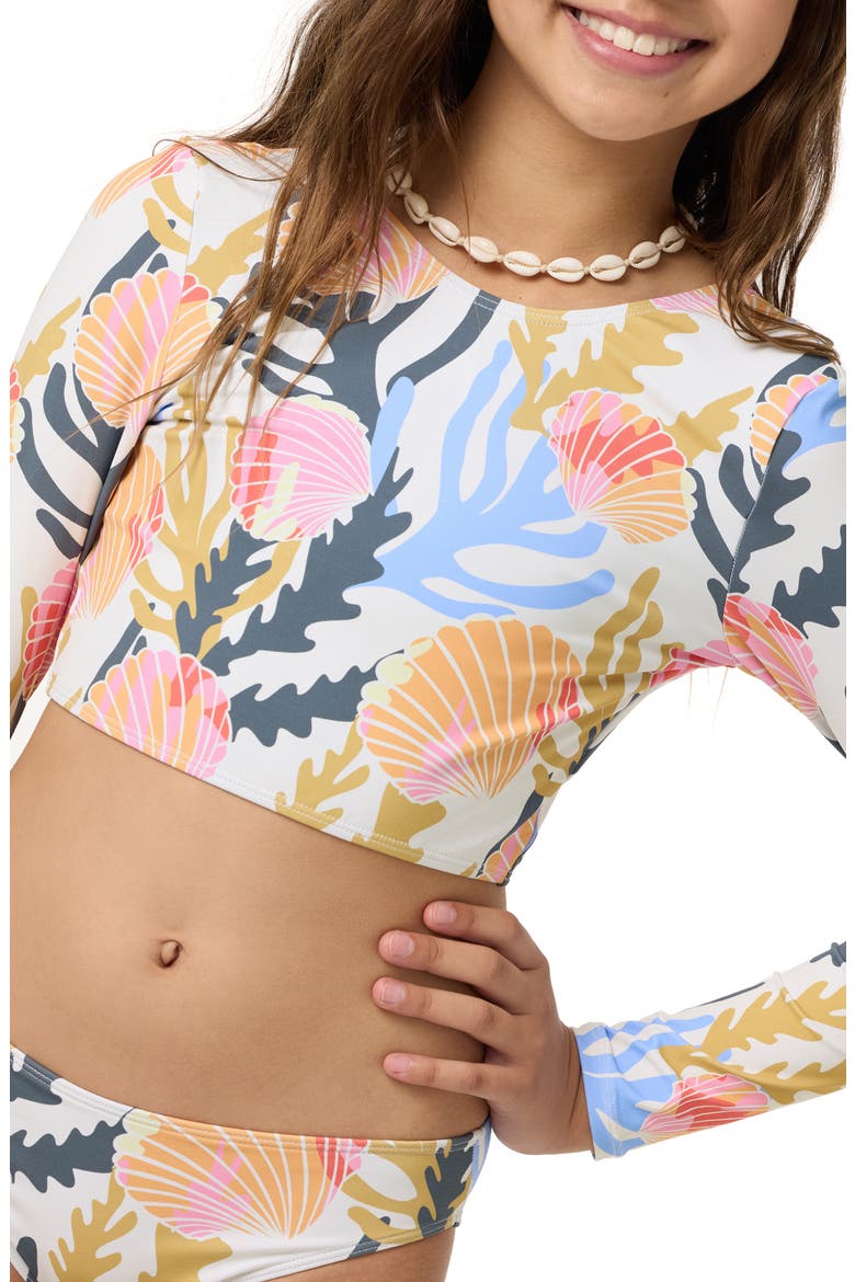 Kids' Cora Geo Long Sleeve Crop Two-Piece Rashguard Swimsuit, Alternate, color, OFF WHITE MULTI COLORED