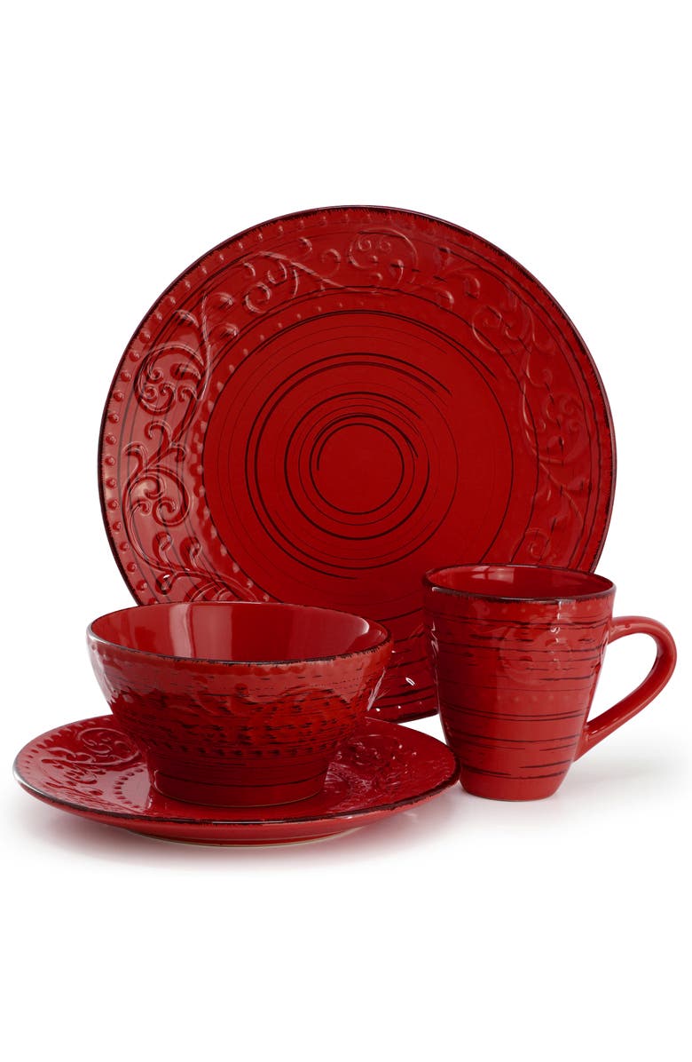Elama Malibu Ocean Bloom 16-Piece Dinnerware Set, Alternate, color, Red
