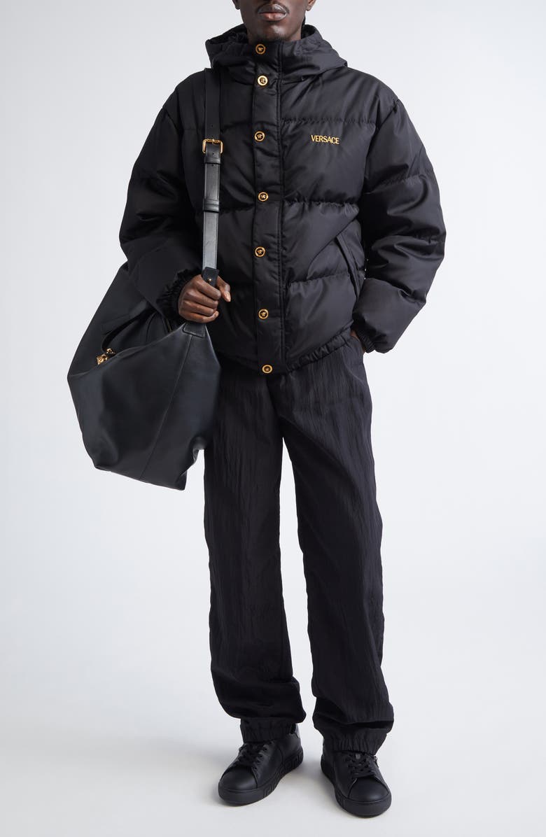 Versace Medusa Logo Embroidered Down Puffer Jacket, Alternate, color, Black