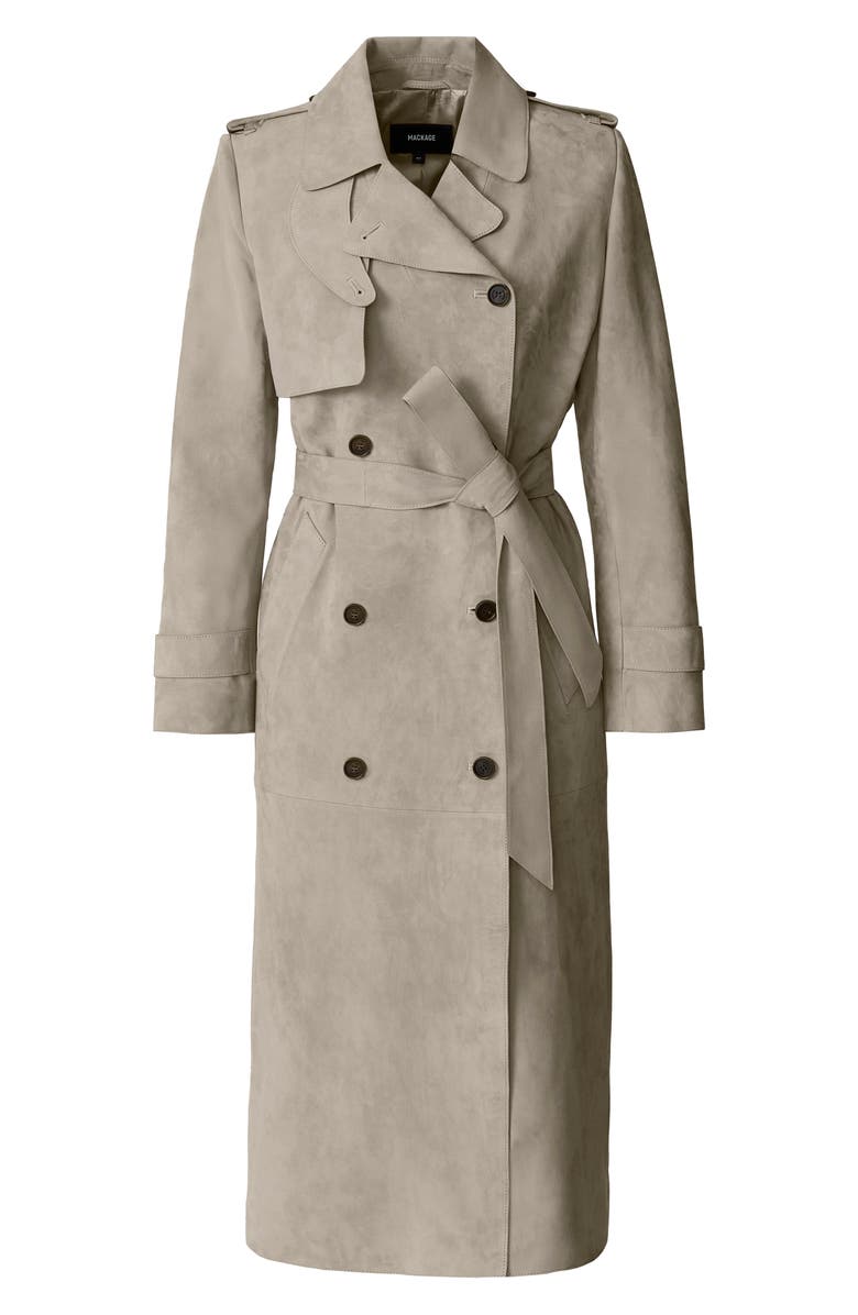 Mackage Gael Doubled Breasted Suede Trench Coat, Alternate, color, Taupe