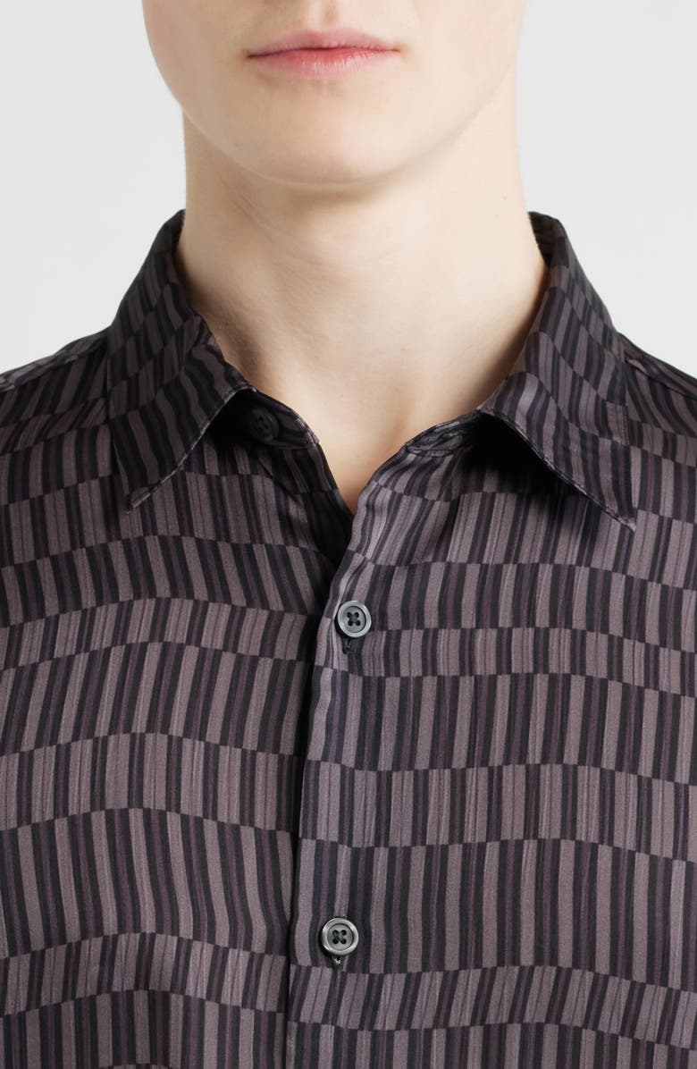 Open Edit Oversize Geo Print Short Sleeve Silk Button-Up Shirt, Alternate, color, Black Eccentric Lines