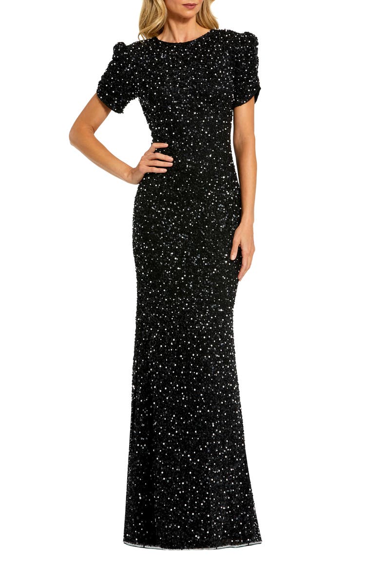 Women's Embellished Mesh High Neck Puff Sleeve Gown, Main, color, BLACK