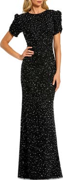 Mac Duggal Women's Embellished Mesh High Neck Puff Sleeve Gown