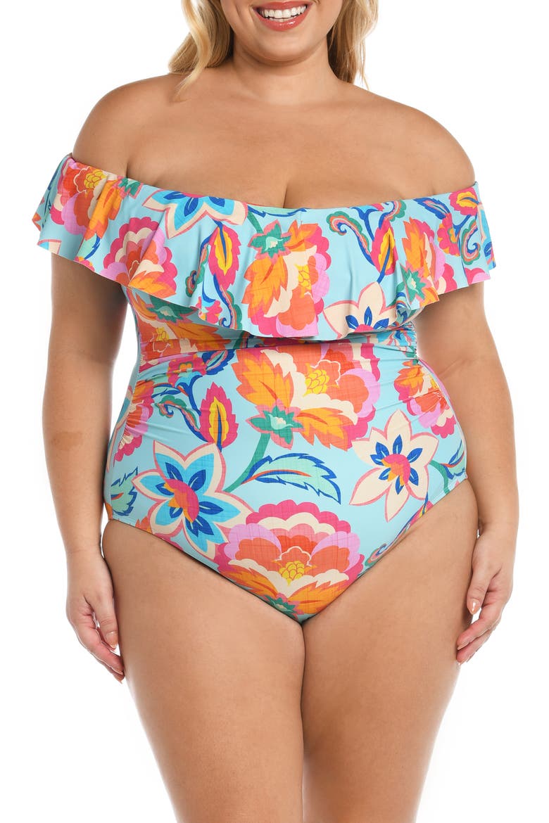 Breezy Off the Shoulder One-Piece Swimsuit, Main, color, MULTI