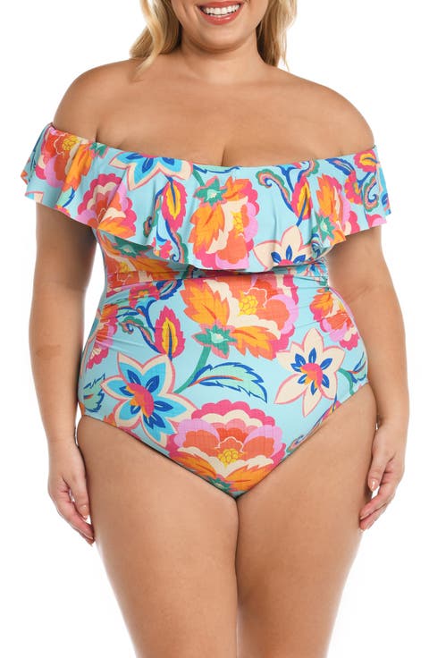 Breezy Off the Shoulder One-Piece Swimsuit (Plus Size)