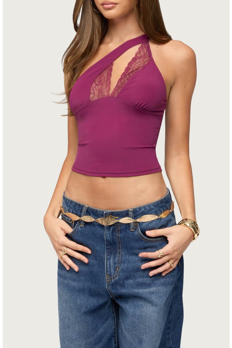 One-Shoulder Peekaboo Lacey Cutout Crop Top, Alternate, color, PLUM