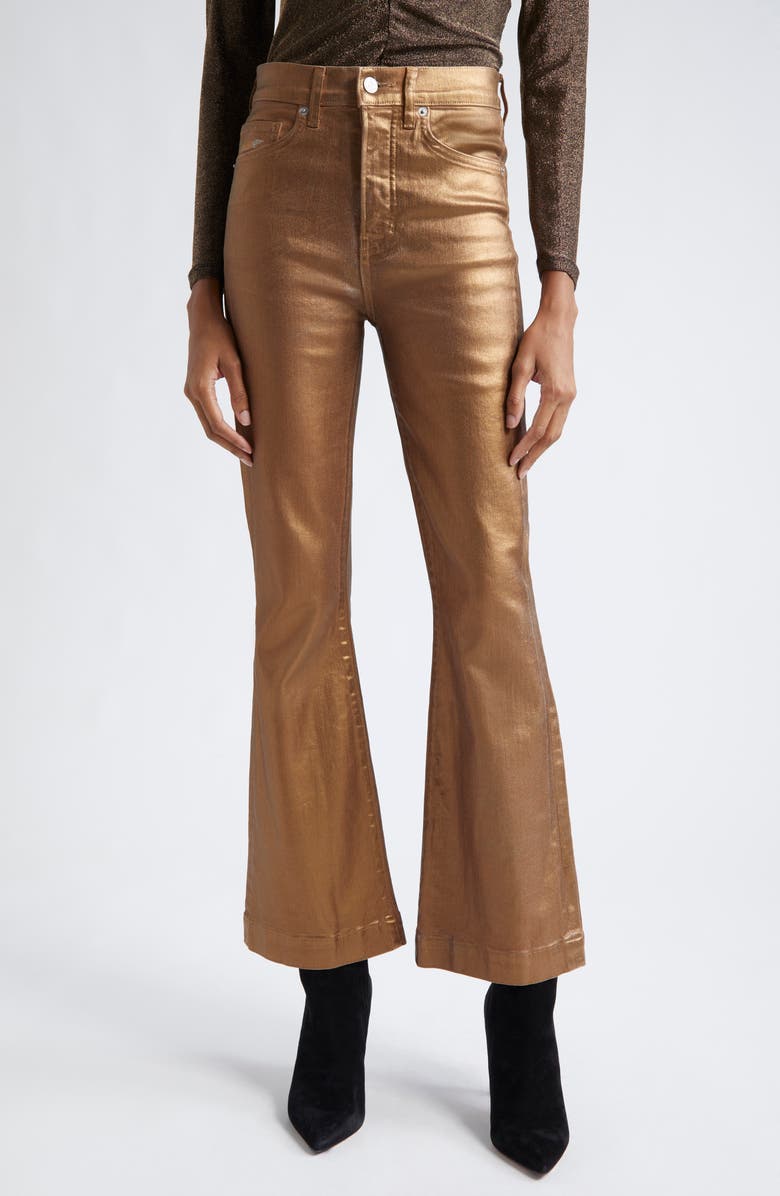 Veronica Beard Carson Metallic Flare Ankle Jeans, Main, color, Antique Brass