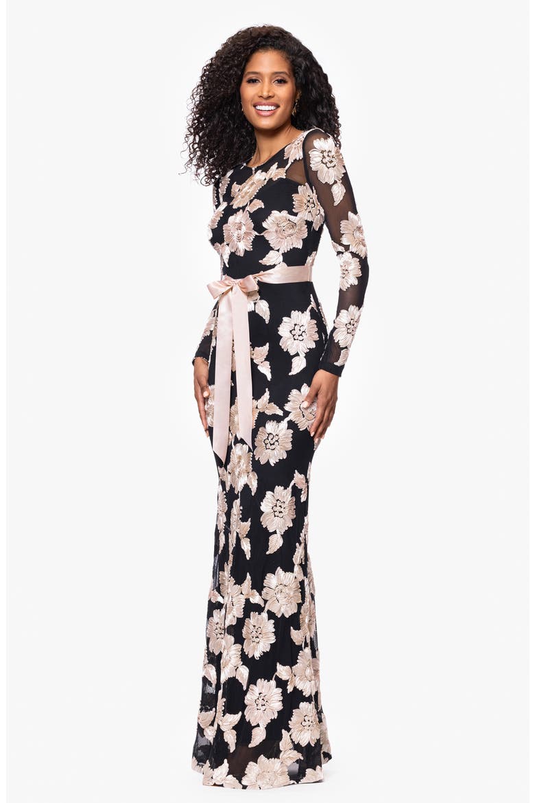 Soutache Long Sleeve Mesh Gown, Alternate, color, BLACK/ CHAMPAGNE
