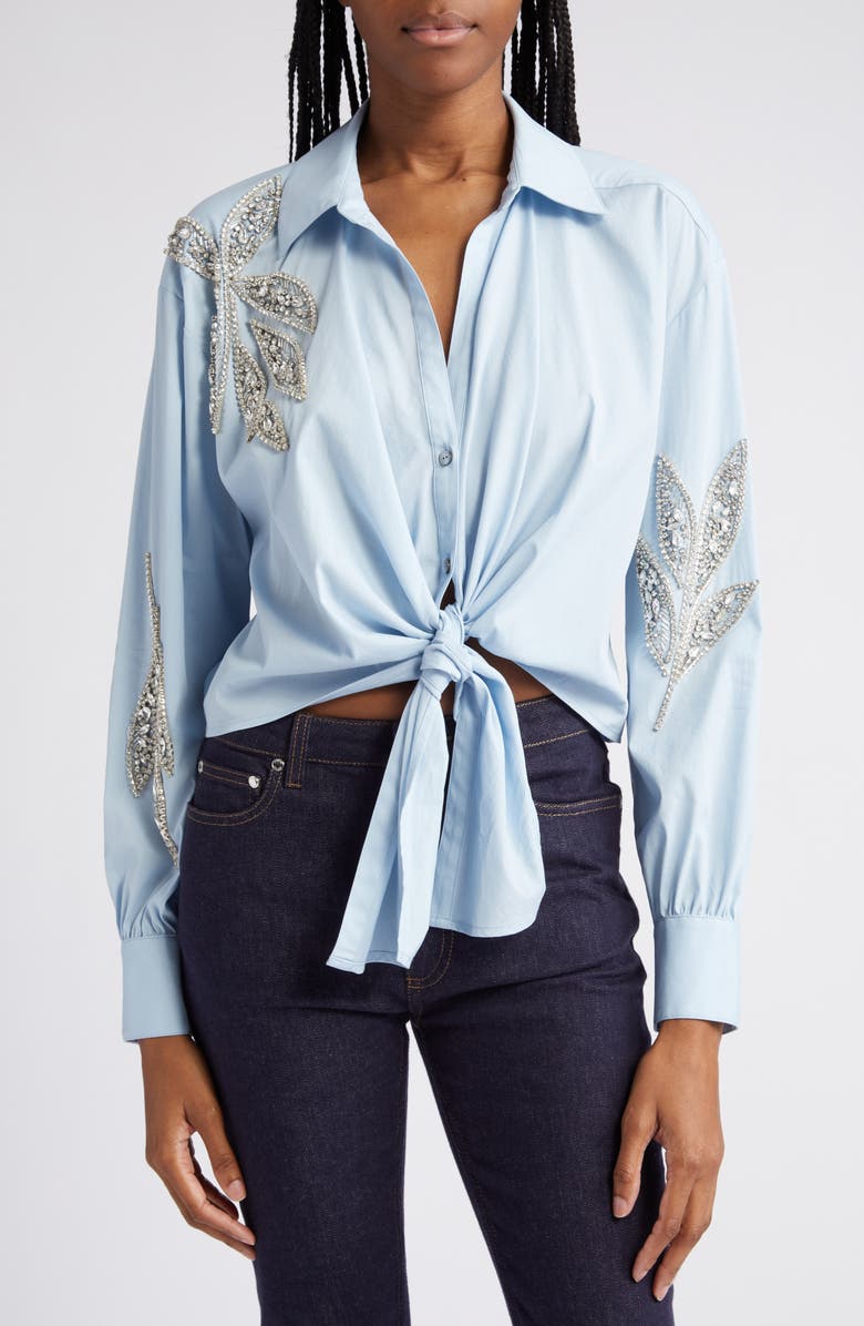 Cinq à Sept Marianna Embellished Leaf Tie Front Crop Button-Up Shirt, Main, color,