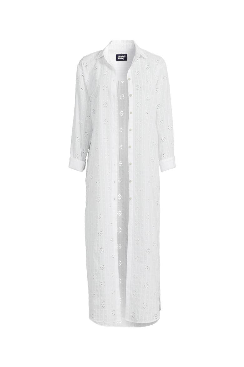 Eyelet Button Down Maxi Cover-up Dress, Alternate, color, White