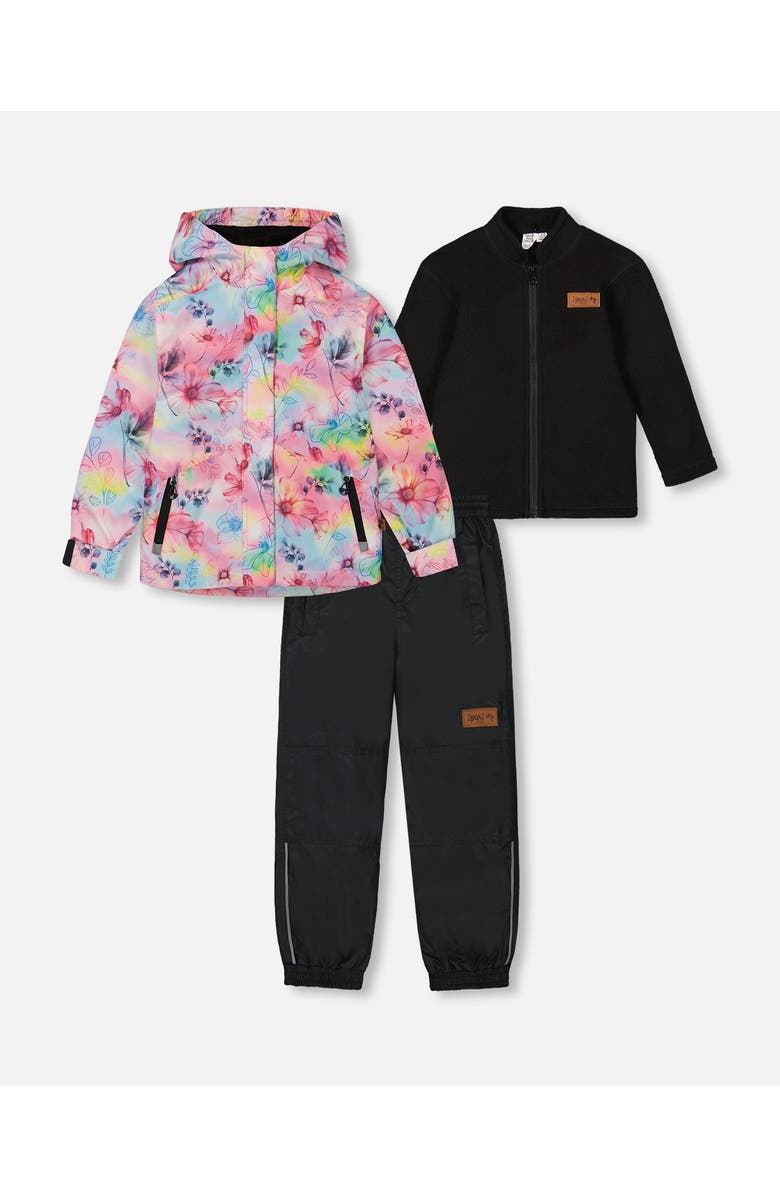 Deux par Deux Girl's 3-In-1 Mid-Season Outerwear Set With Printed Jacket Black And Multicolored Flowers, Main, color, 