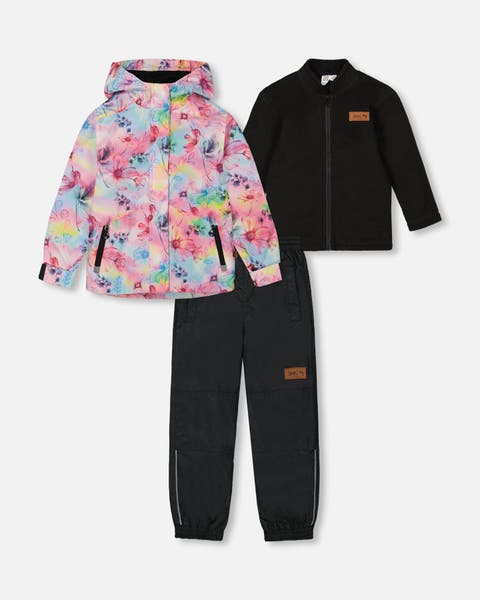 3-In-1 Mid-Season Outerwear Set With Printed Jacket Pink, Black, And Flowers