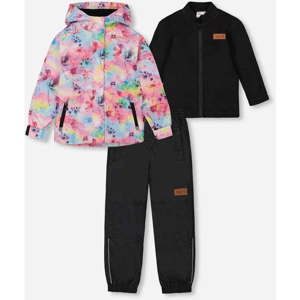 Deux Par Deux Girl's 3-in-1 Mid-season Outerwear Set With Printed Jacket Black And Multicolored Flow In Black And Multicolored Flowers