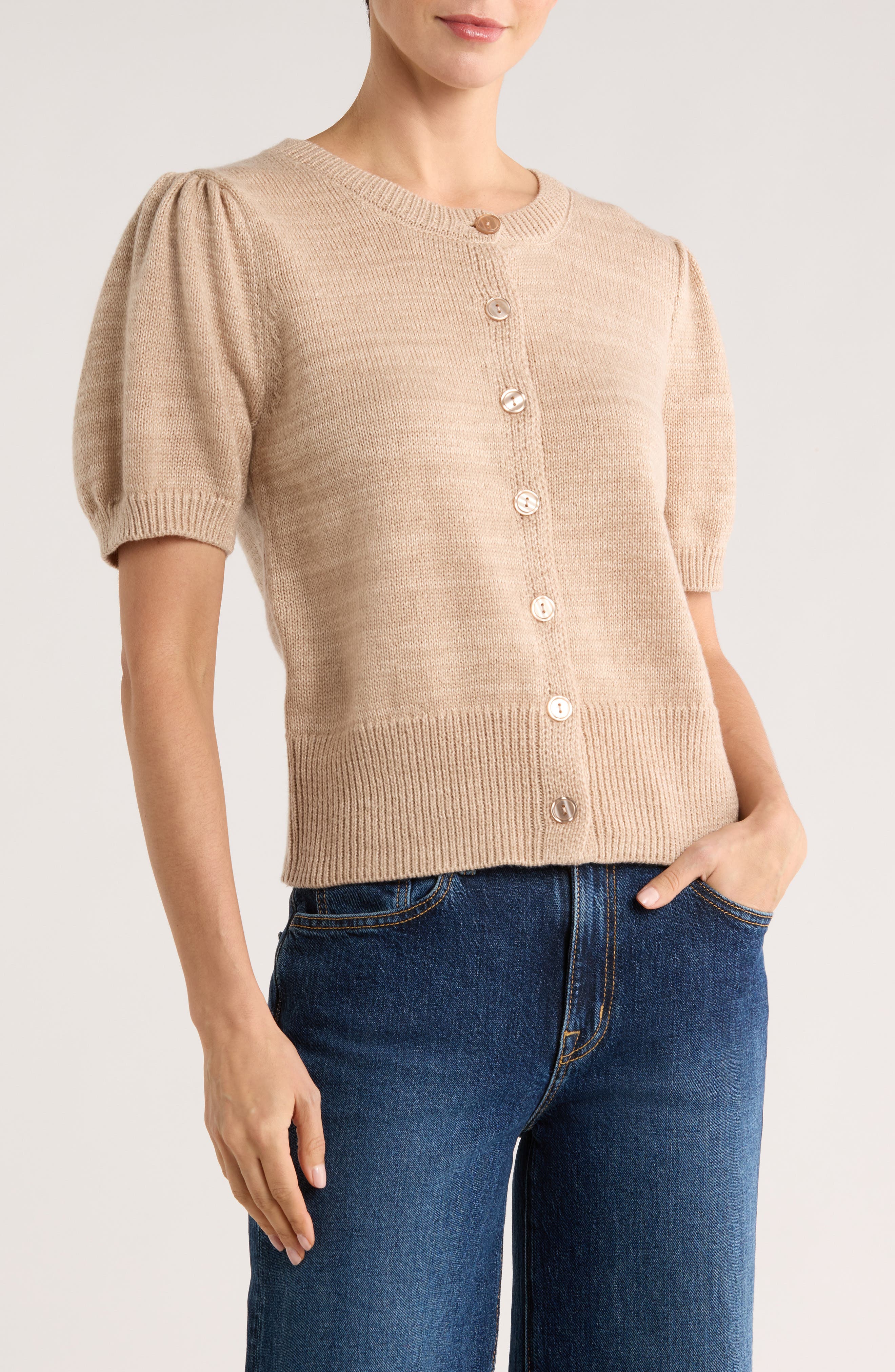 Bobeau Puff Short Sleeve Button Front Cardigan