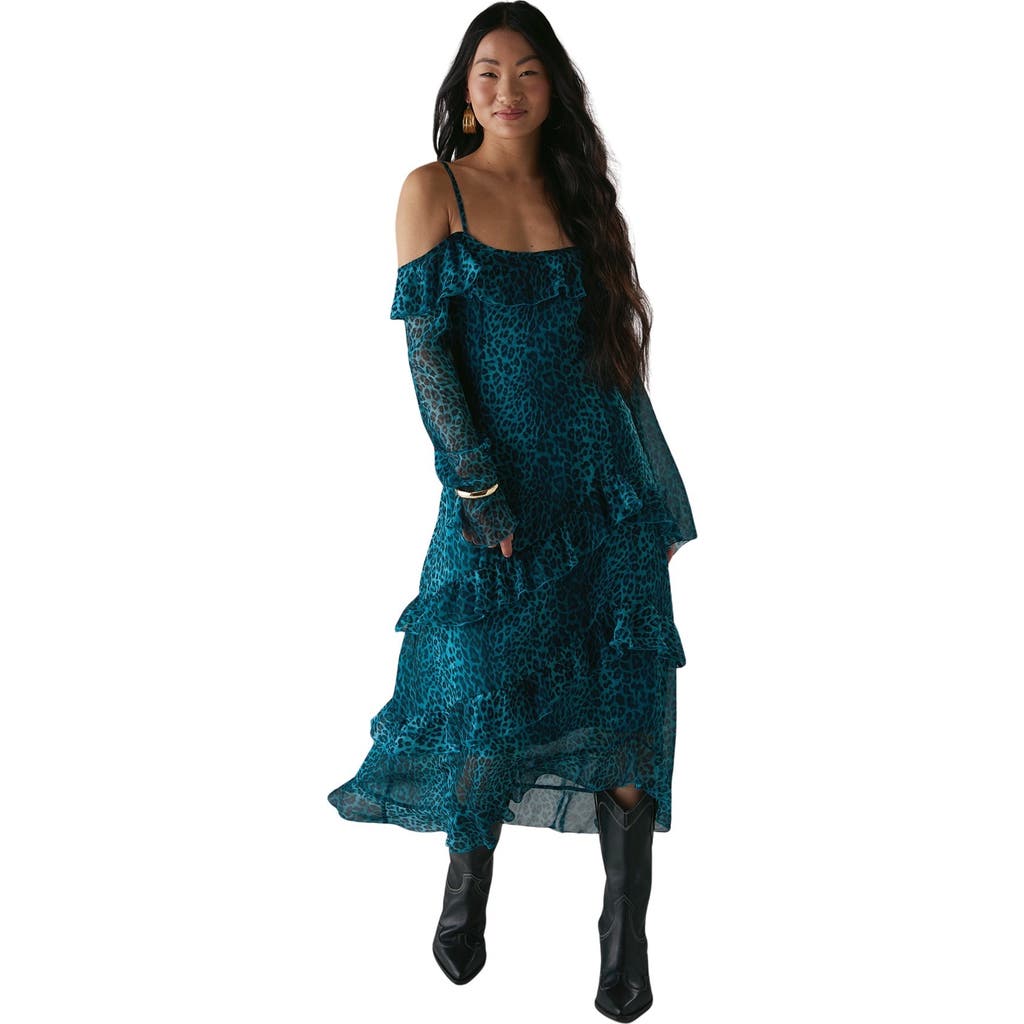 Warehouse Ruffle Cold Shoulder Midi Dress In Green