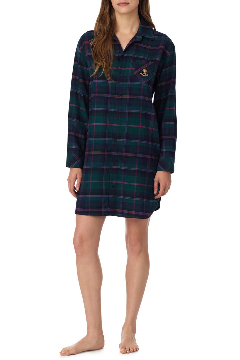 Plaid Long Sleeve His Shirt Sleep Shirt, Main, color, GREEN PLAID