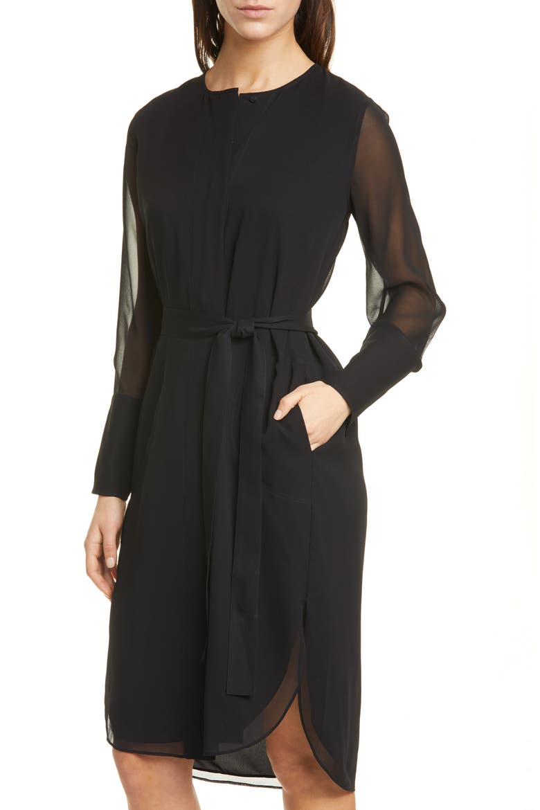 Long Sleeve Silk Chiffon Midi Shirtdress, Alternate, color, BLACK