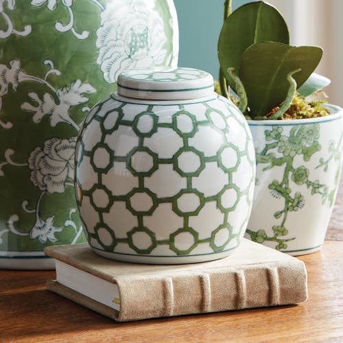Napa Home & Garden 5.5" Imperial Link Chinoiserie Green & White Porcelain Lidded Jar Accent Piece In Green
