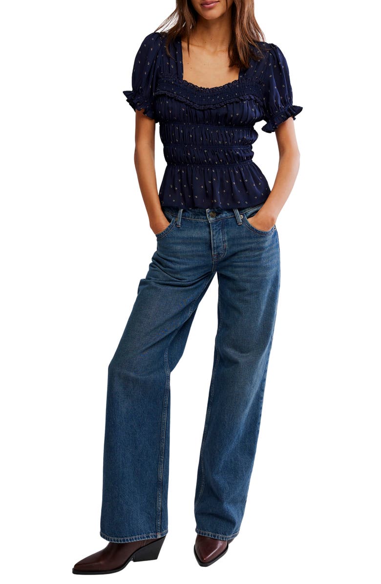 Free People Adore You Ruffle Puff Sleeve Peplum Top, Alternate, color, Peacoat Combo