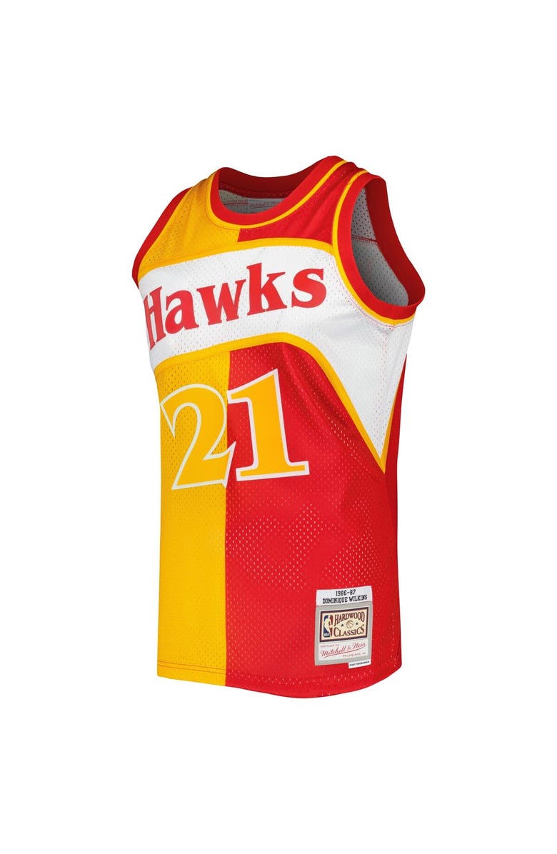 Mitchell & Ness Men's Mitchell & Ness Dominique Wilkins Yellow/Red Atlanta Hawks Hardwood Classics 1986/87 Split Swingman Jersey, Alternate, color,