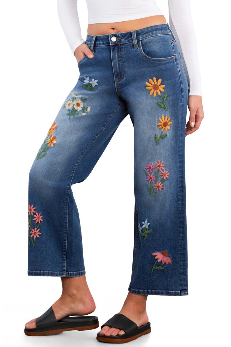 Meadow Kiss Floral Embroidered Ankle Straight Leg Jeans, Alternate, color, SHINE BLUE