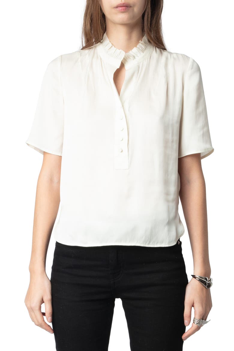 Topher Ruffle Neck Satin Popover Top, Main, color, FLAKE