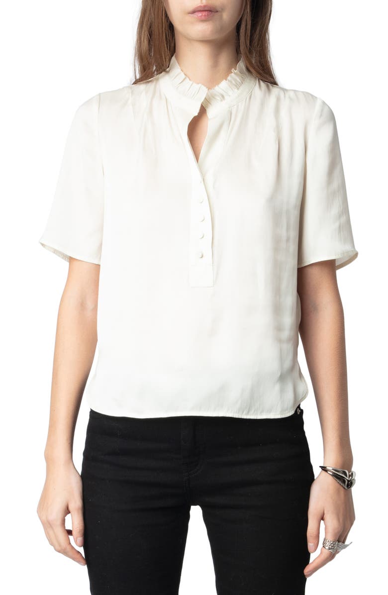 Zadig & Voltaire Topher Ruffle Neck Satin Popover Top, Main, color, Flake