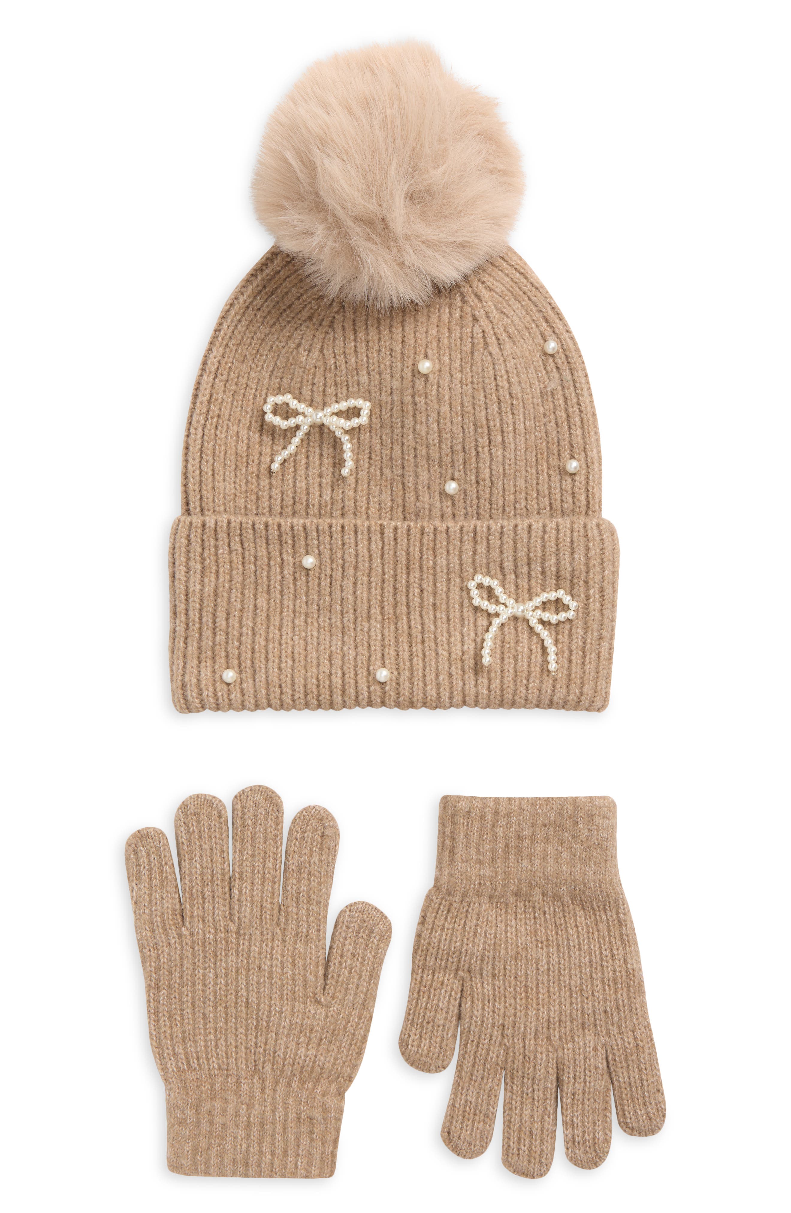 Kids' 2-Piece Faux Pearl Bow Beanie & Gloves Set