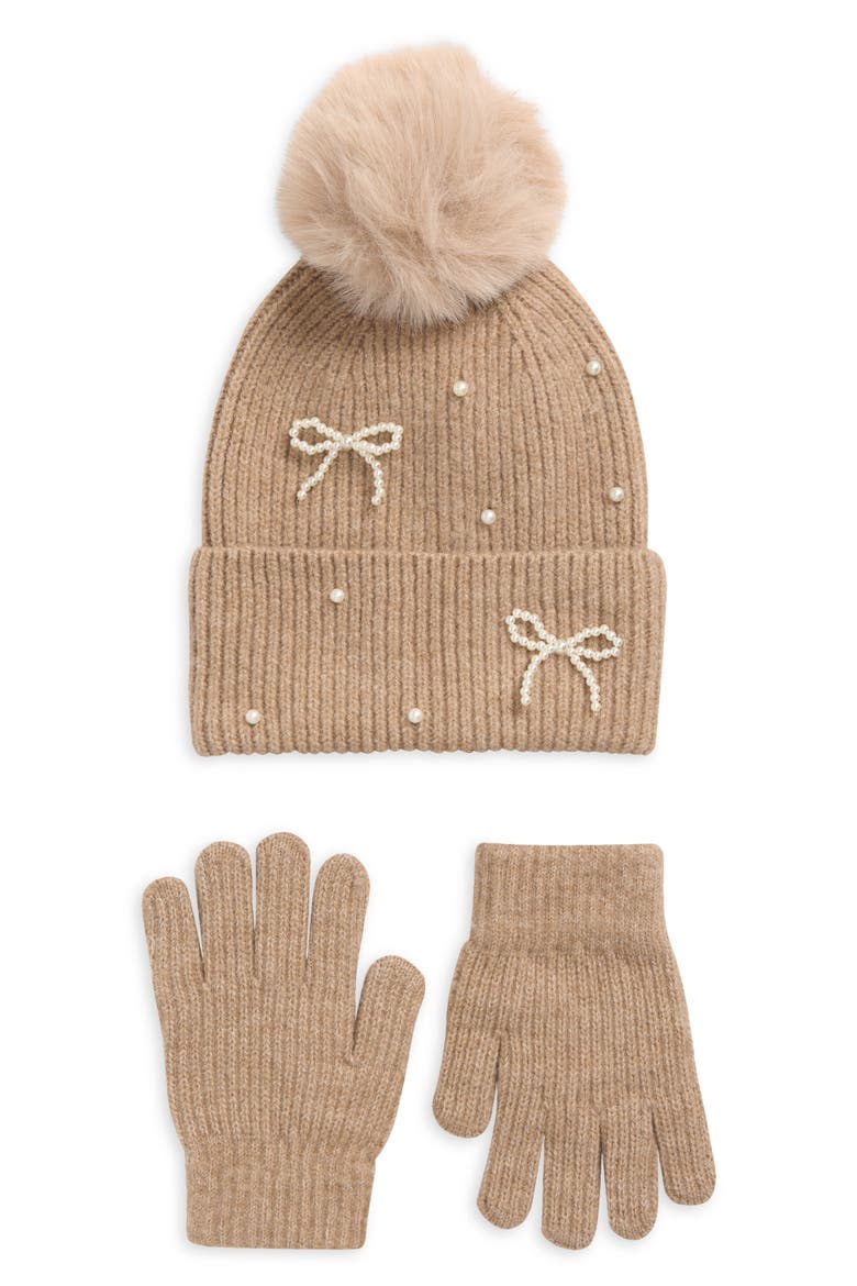 Kids' 2-Piece Faux Pearl Bow Beanie & Gloves Set, Main, color, OATMEAL
