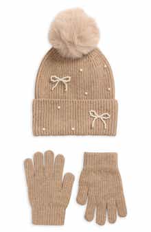 Kids' 2-Piece Faux Pearl Bow Beanie & Gloves Set